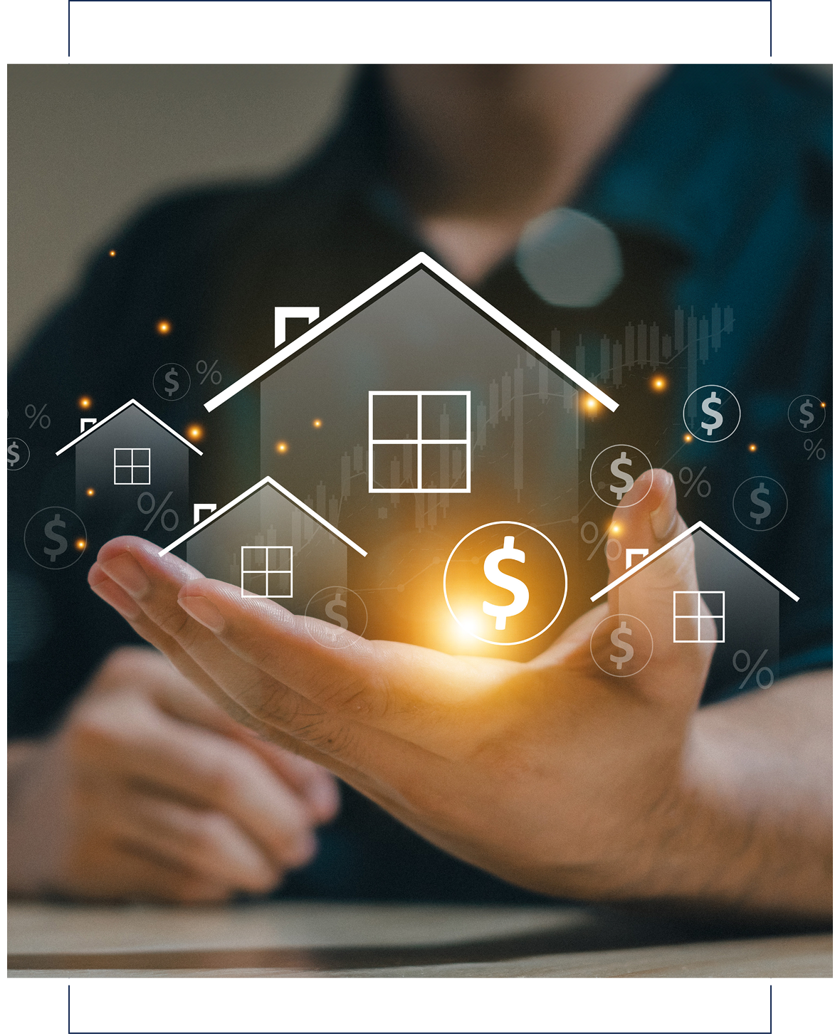 A person holds out a hand with digital icons of houses, dollar signs, and percentage symbols, representing real estate investment or property value concepts.